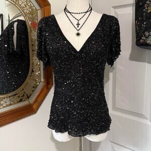 VTG 90s Adrianna Papell Black Silk Beaded Sequin Glitzy Glam Flutter Sleeve Top